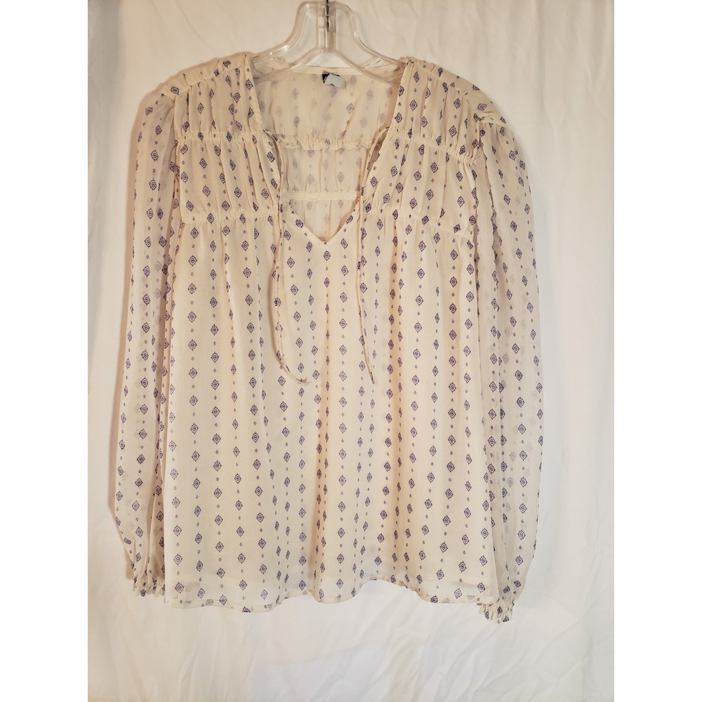 Women's Old Navy White With Blue Print Long Sleeve Boho Blouse Size M
